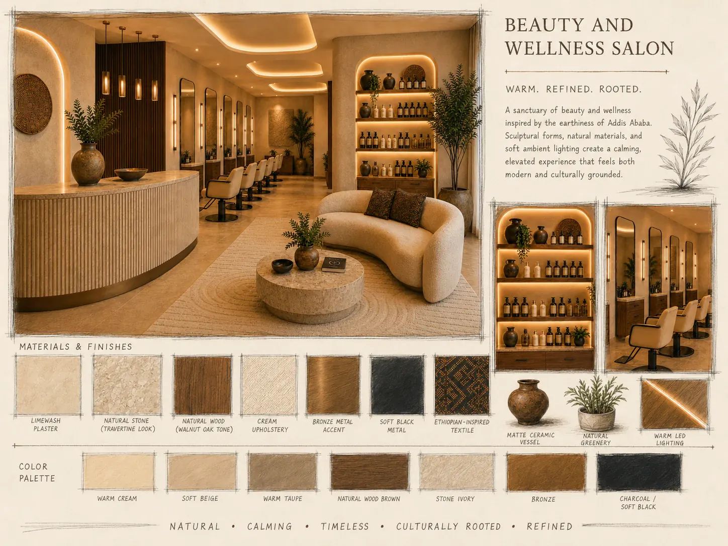 Material palette and design study board for a beauty salon, highlighting warm cream tones, textured plaster, travertine stone, and layout graphics.