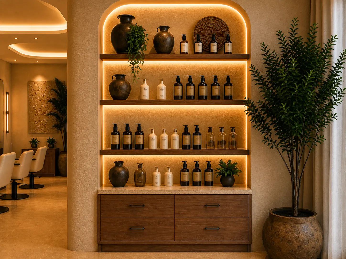 Large built-in arched product display shelf with backlit warm LED lighting, showcasing ceramic vessels and premium salon products.