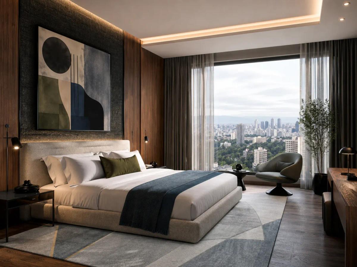 Perspective view of a boutique hotel suite showing the bed, geometric rug, sitting chair, and city skyline window view.