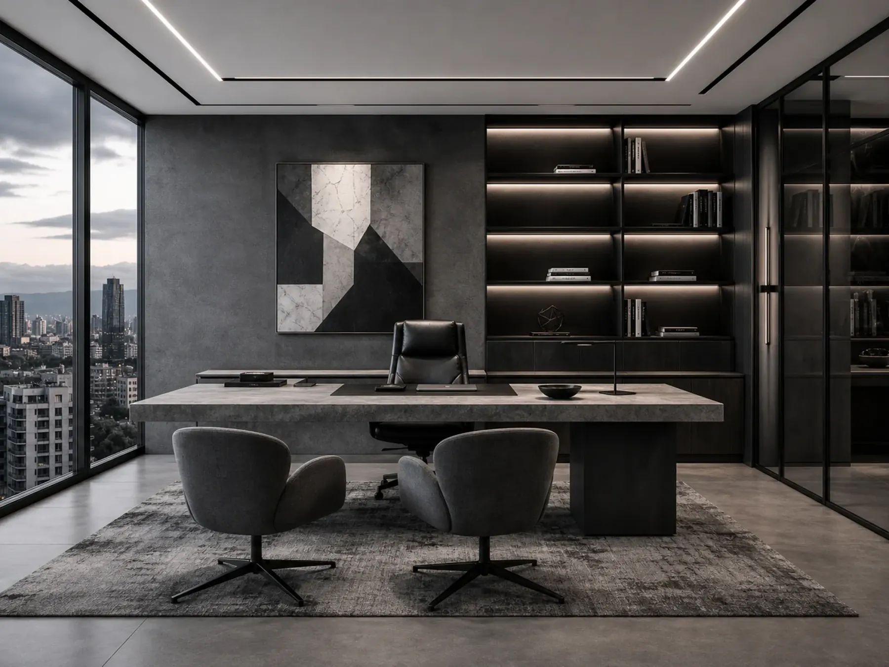 Full view of the main executive office featuring a stone-top desk, leather task chair, dark wood shelving, and a large window facing the city.