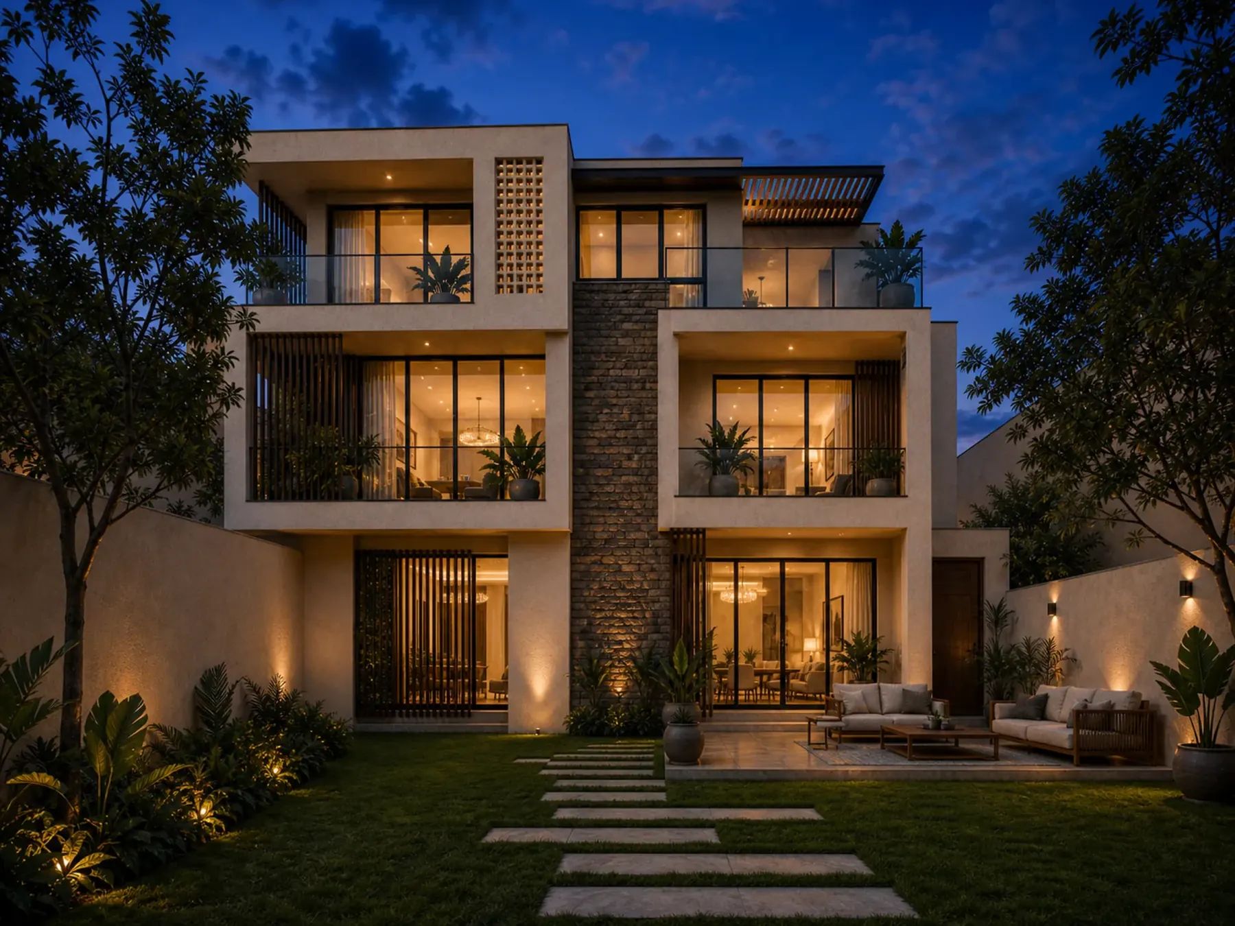 Rear courtyard and backyard lounge at night with a step-stone pathway and manicured lawn.