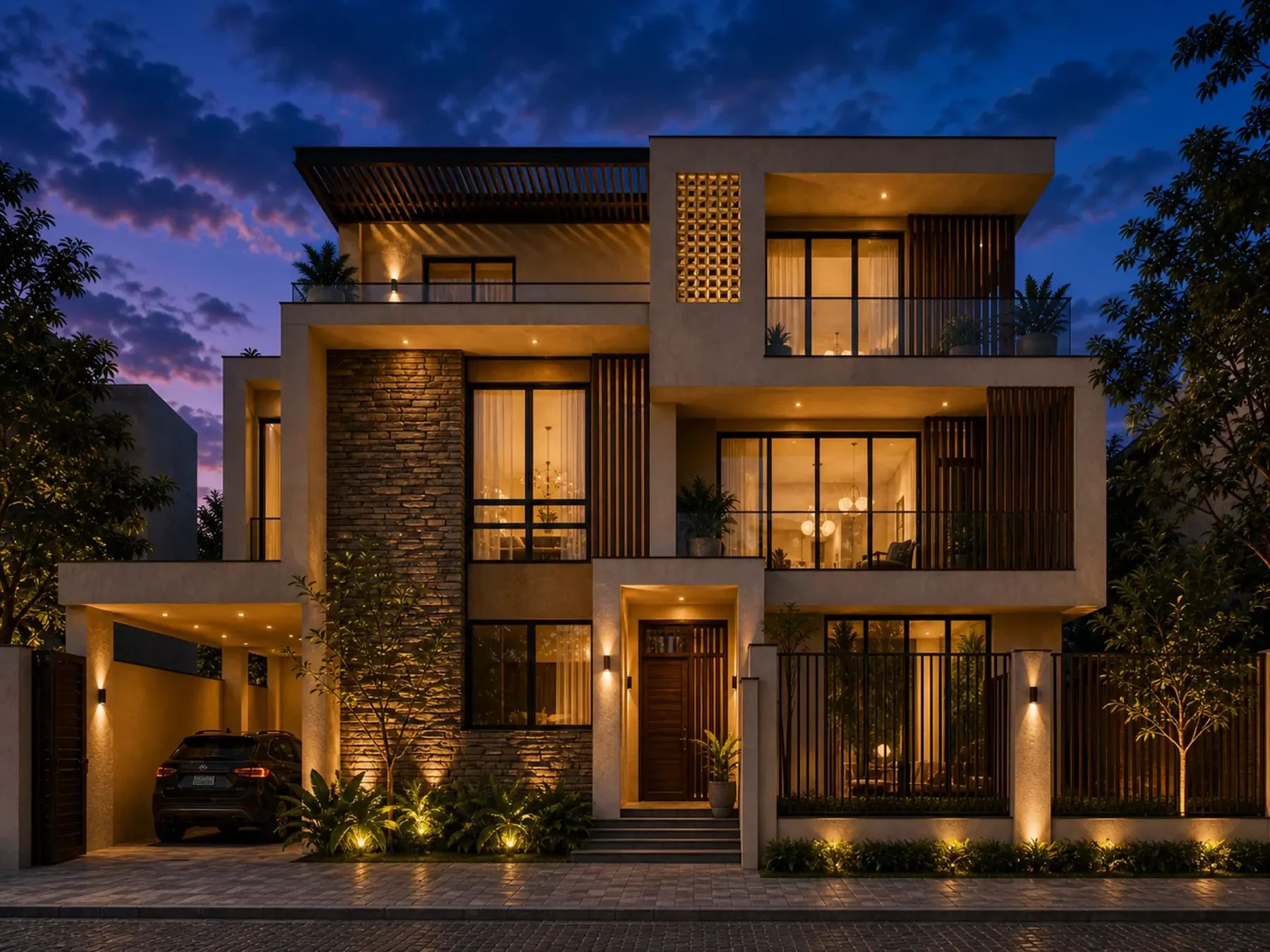 Nighttime front exterior view of the modern G+2 house showcasing warm architectural lighting and large glass windows.
