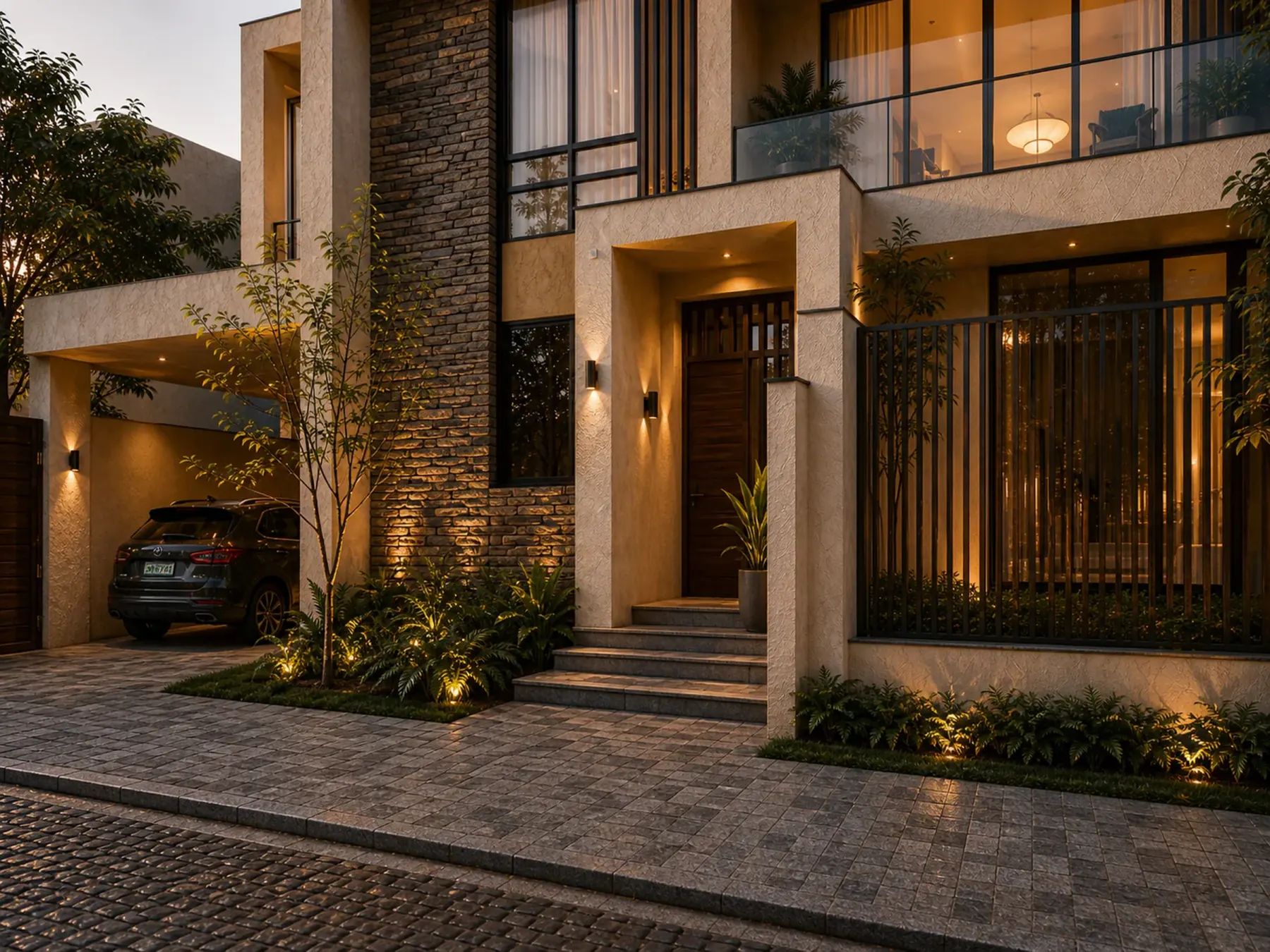 Street-level main entrance view featuring a modern wood door, concrete pavers, and layered landscape lighting