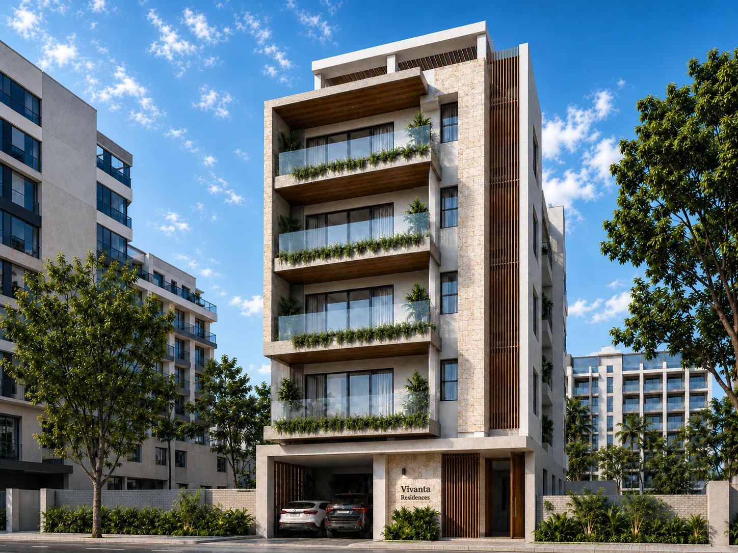 Daytime full exterior view of Vivanta Residences highlighting the modern stone cladding facade, vertical wooden screens, and surrounding street landscape.