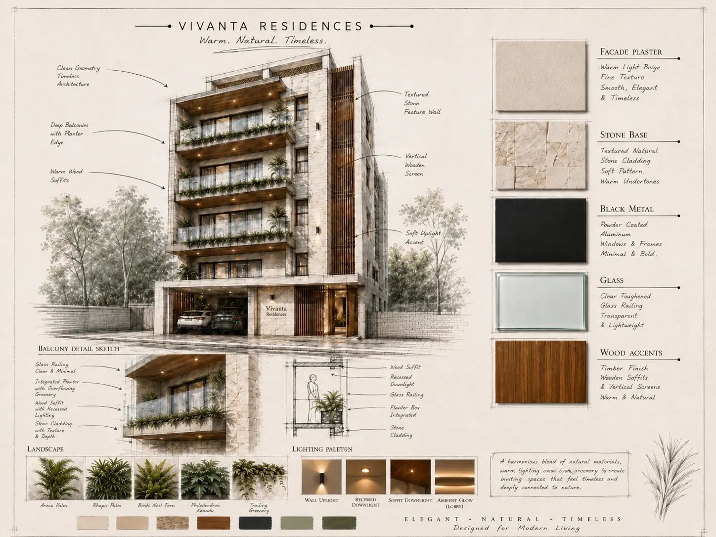 Architectural concept drawing and material study board for Vivanta Residences, demonstrating stone base options, wood finishes, and landscaping plants.