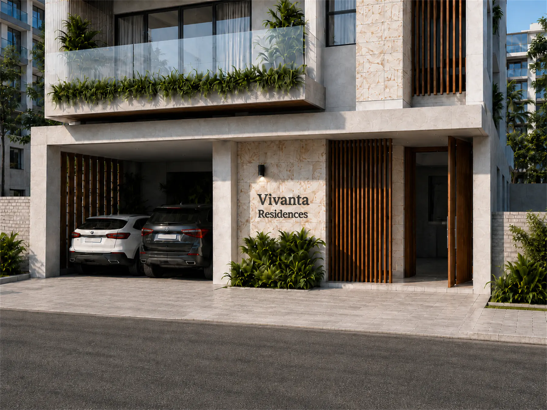 Street-level main entrance view of Vivanta Residences displaying a stone facade, wood screens, branding sign, and secure parking area.