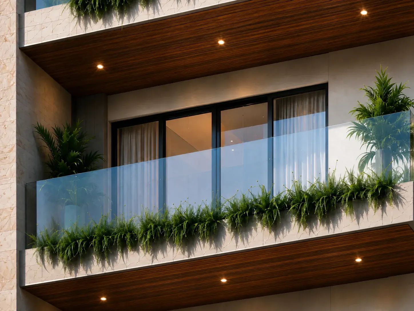 Close-up of a residential suite balcony showcasing a warm wood plank ceiling, glass railing with integrated green foliage planter boxes, and large sliding glass doors.